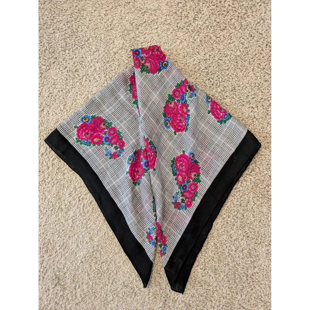 Echo Vintage 100% Wool Scarf Glen Plaid Floral Pink Black Made in Japan 39x39